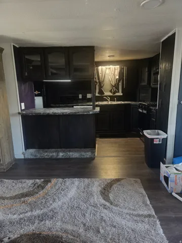 Kitchen featuring dark cabinetry, dark countertops, dark wood-finish flooring, and a built-in microwave