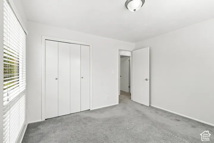 White walls, gray carpeting, bi-fold closet, window with blinds, and flush mount lighting