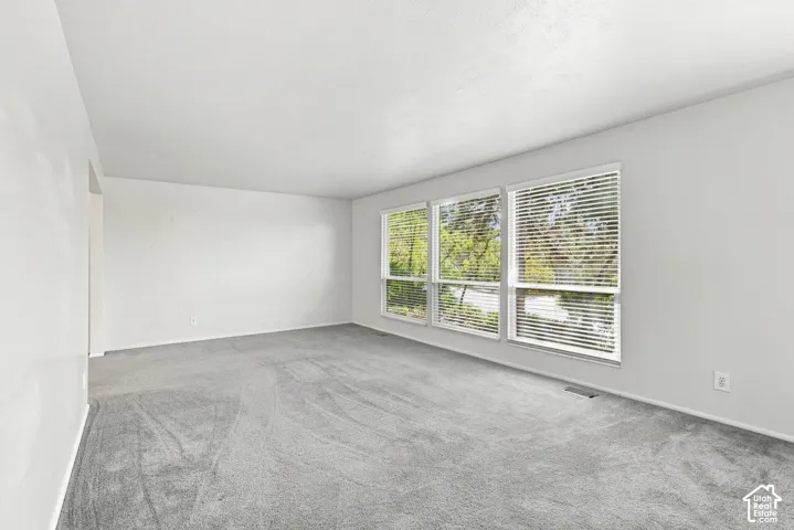 Expansive room with neutral gray carpeting and white walls