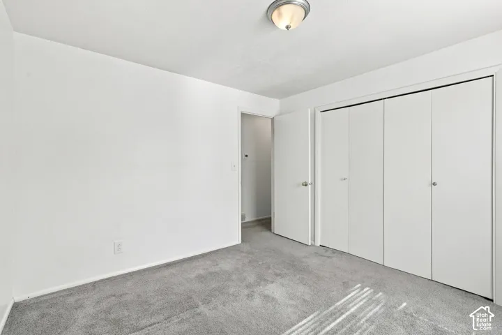Neutral wall paint, gray carpet, flush mount ceiling light, and bi-fold closet doors