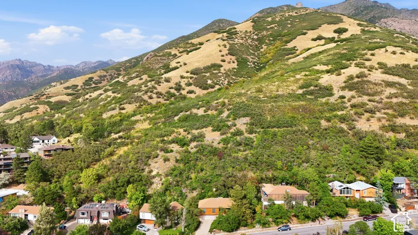 Hillside setting with established trees and surrounding mountainous terrain