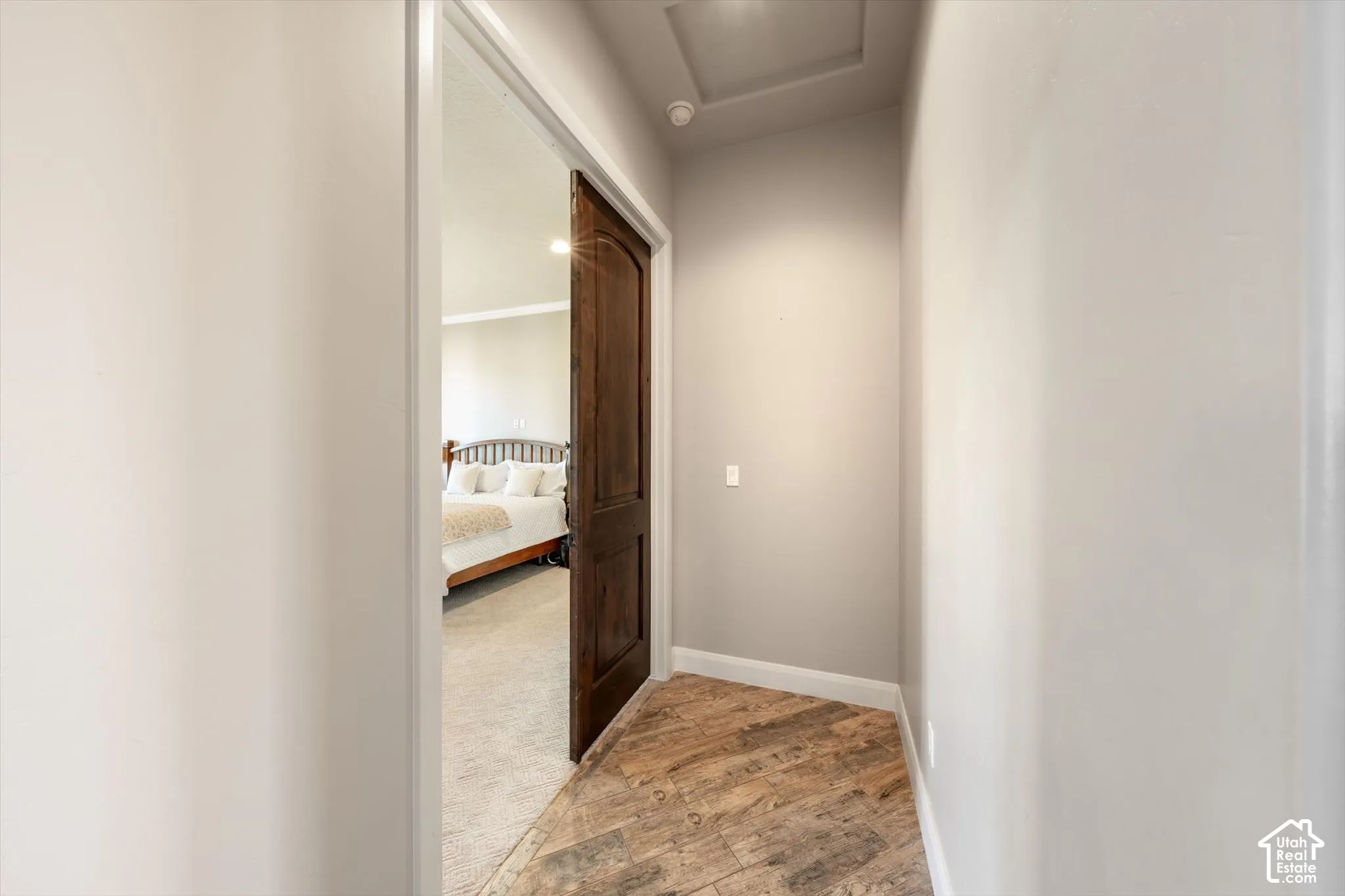 Wood-finish flooring in a hallway with light neutral walls, leading to a room with carpeted flooring and a wood-panel door