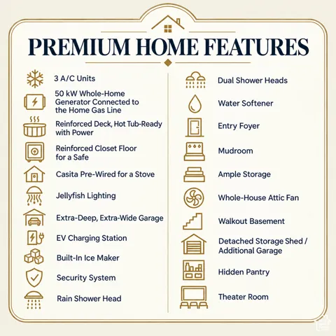 Property Feature List. Detailing specific amenities and installations included in the property