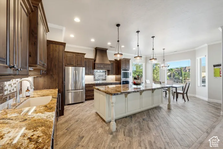 Kitchen featuring dark wood cabinetry, a large kitchen island with pendant lighting, stainless steel appliances, wood-finish flooring, and light-toned countertops