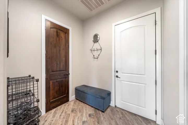 Wood-finish flooring, white panel door, and dark wood-finish door