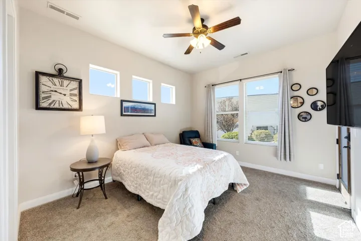 Carpeted room featuring multiple windows, a ceiling fan, and light-colored walls