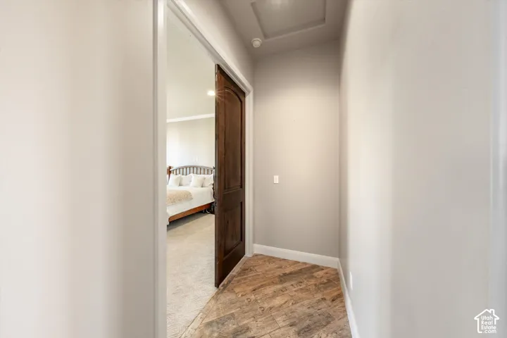 Wood-finish flooring in a hallway with light neutral walls, leading to a room with carpeted flooring and a wood-panel door