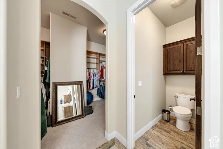 Hallway featuring an arched entryway, recessed lighting, and carpeted flooring leading to a walk-in closet with built-in wooden shelving