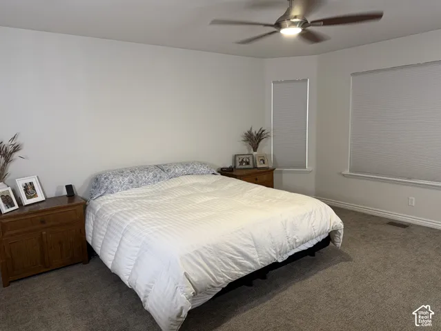Neutral wall tones with carpeted flooring, featuring a ceiling fan with integrated lighting, and multiple windows with cellular shades