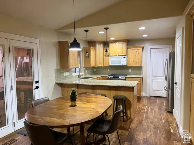 Kitchen featuring wood-finish flooring, light wood cabinetry, a tile backsplash, and stainless steel appliances