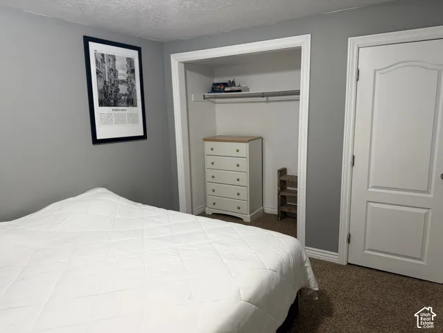 Comfortable bedroom with neutral décor and carpeted flooring