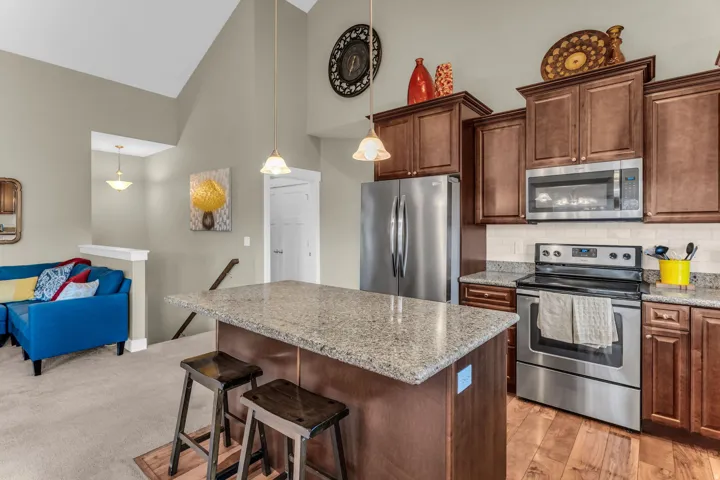 Vaulted ceiling, wood-finish flooring, stone-finish countertops, stainless steel appliances, and pendant lighting