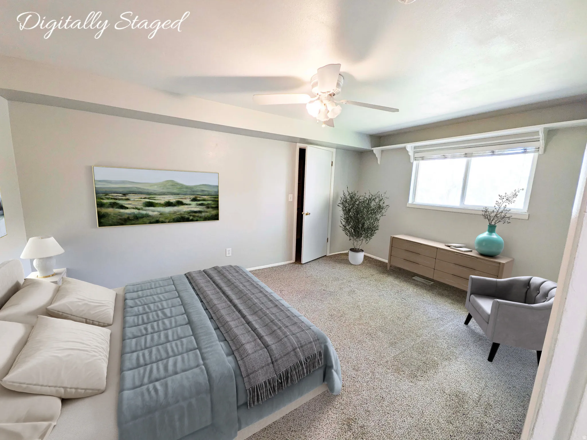Carpeted flooring, ceiling fan with integrated lighting, door with knob hardware, window with blinds, and light-toned walls