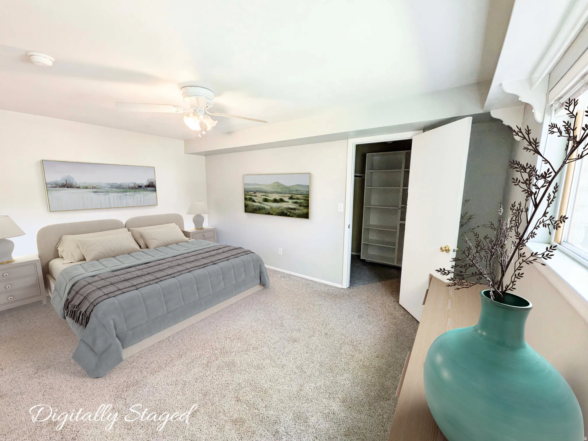 Plush carpeting, ceiling fan with light fixture, built-in closet shelving, and a window with trim