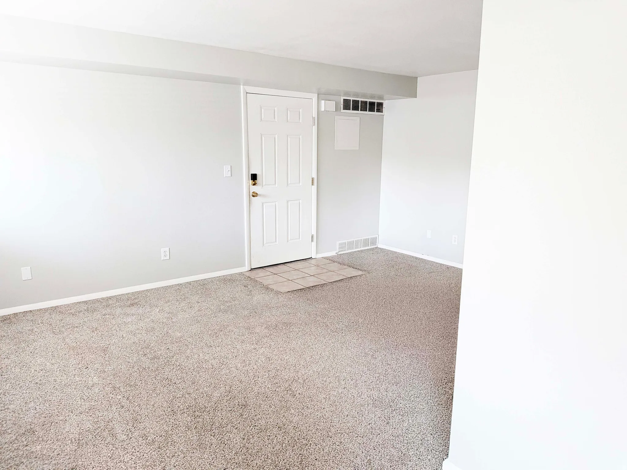 Light gray wall paint, off-white trim, gray carpet flooring, white paneled door, and tiled entry