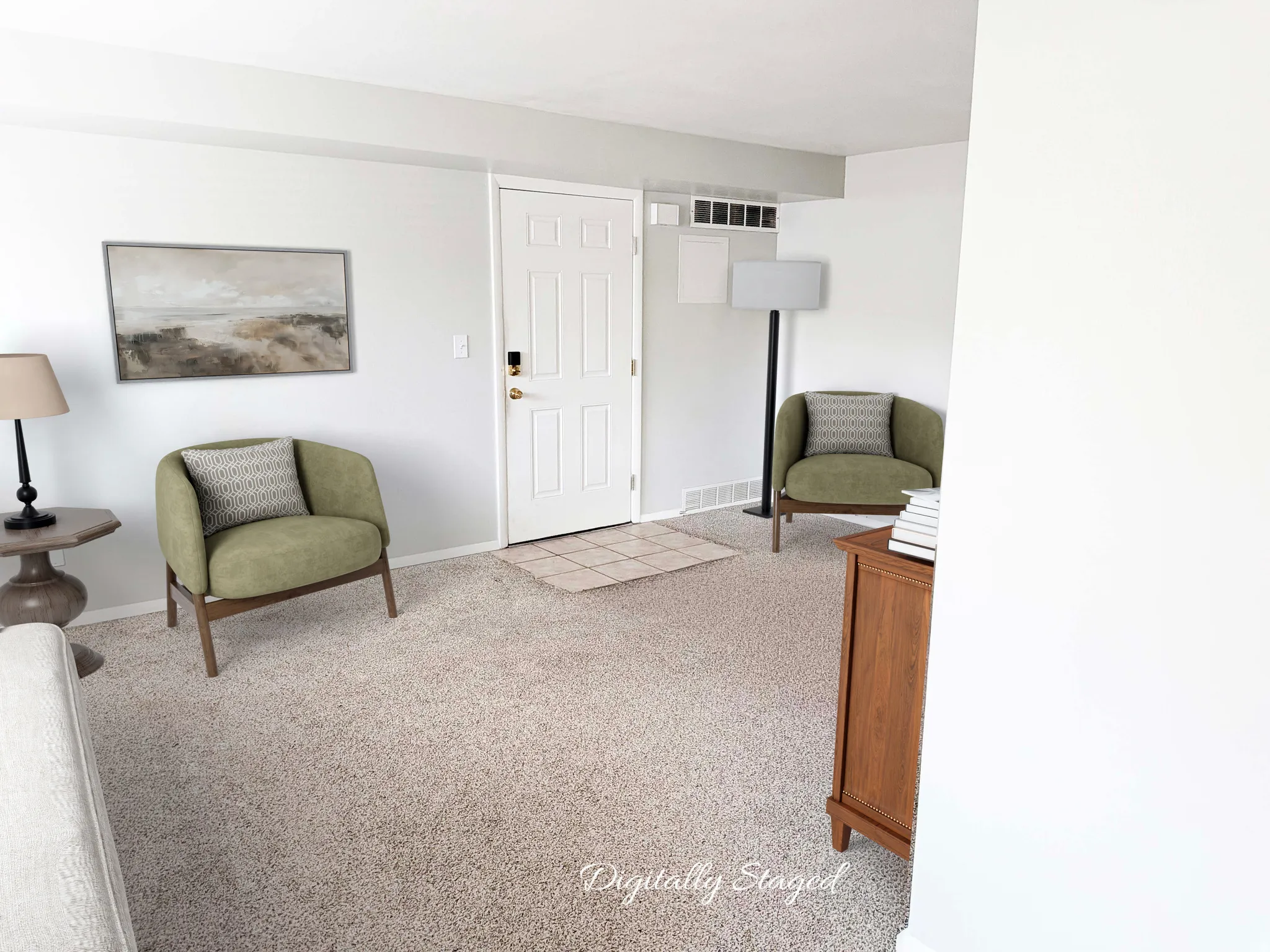 Entryway featuring a paneled door, light-toned carpeting, and a tiled area