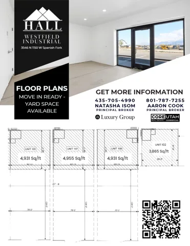 Real Estate Marketing Flyer. Displaying property floor plans, unit square footage, and contact information for inquiries