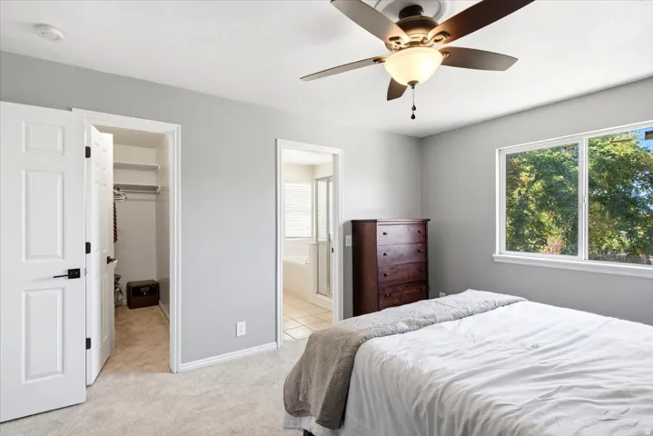 Room featuring a ceiling fan with integrated lighting, large windows, and a closet with shelving and a hanging rod