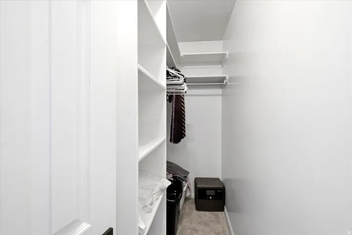 Walk-in closet featuring built-in shelving, hanging rods, and carpet flooring