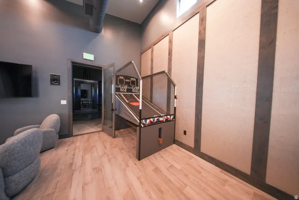 Wood-finish flooring with a neutral tone
