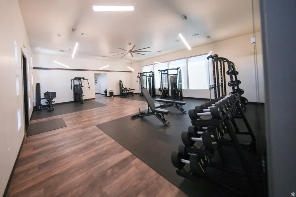 Dedicated fitness area featuring wood-finish flooring, recessed lighting, and a ceiling fan