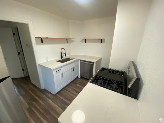Contemporary kitchen featuring white cabinetry, light countertops, wood-finish flooring, a stainless steel sink, and a stainless steel dishwasher