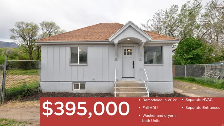 Real Estate Listing Image. Displaying the property's exterior, sale price, and key features including renovation year, ADU status, and utility specifications