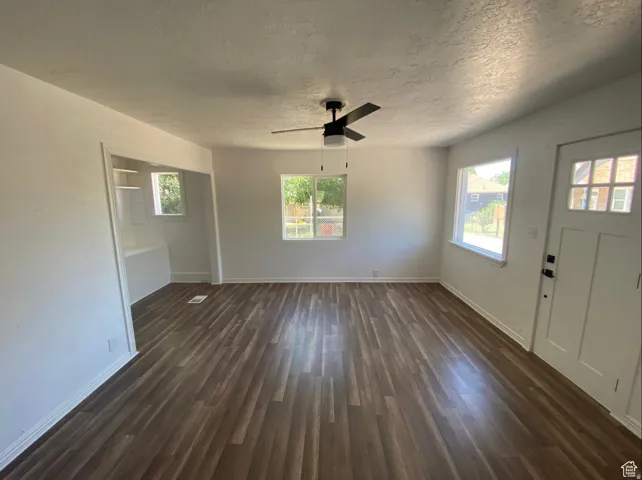 Spacious room featuring wood-finish flooring, multiple windows, a ceiling fan, and a built-in shelving unit