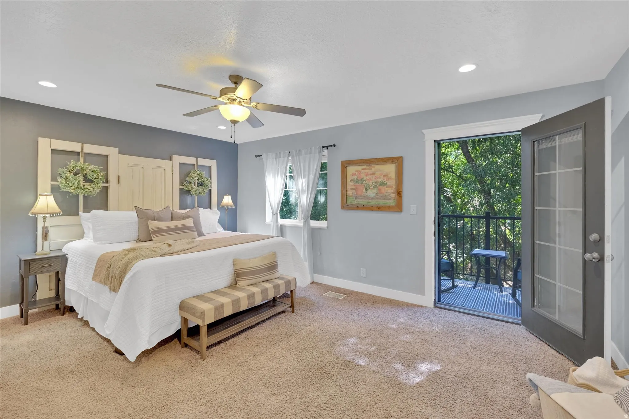 Recessed ceiling lighting, ceiling fan light fixture, direct outdoor access, and ample natural light