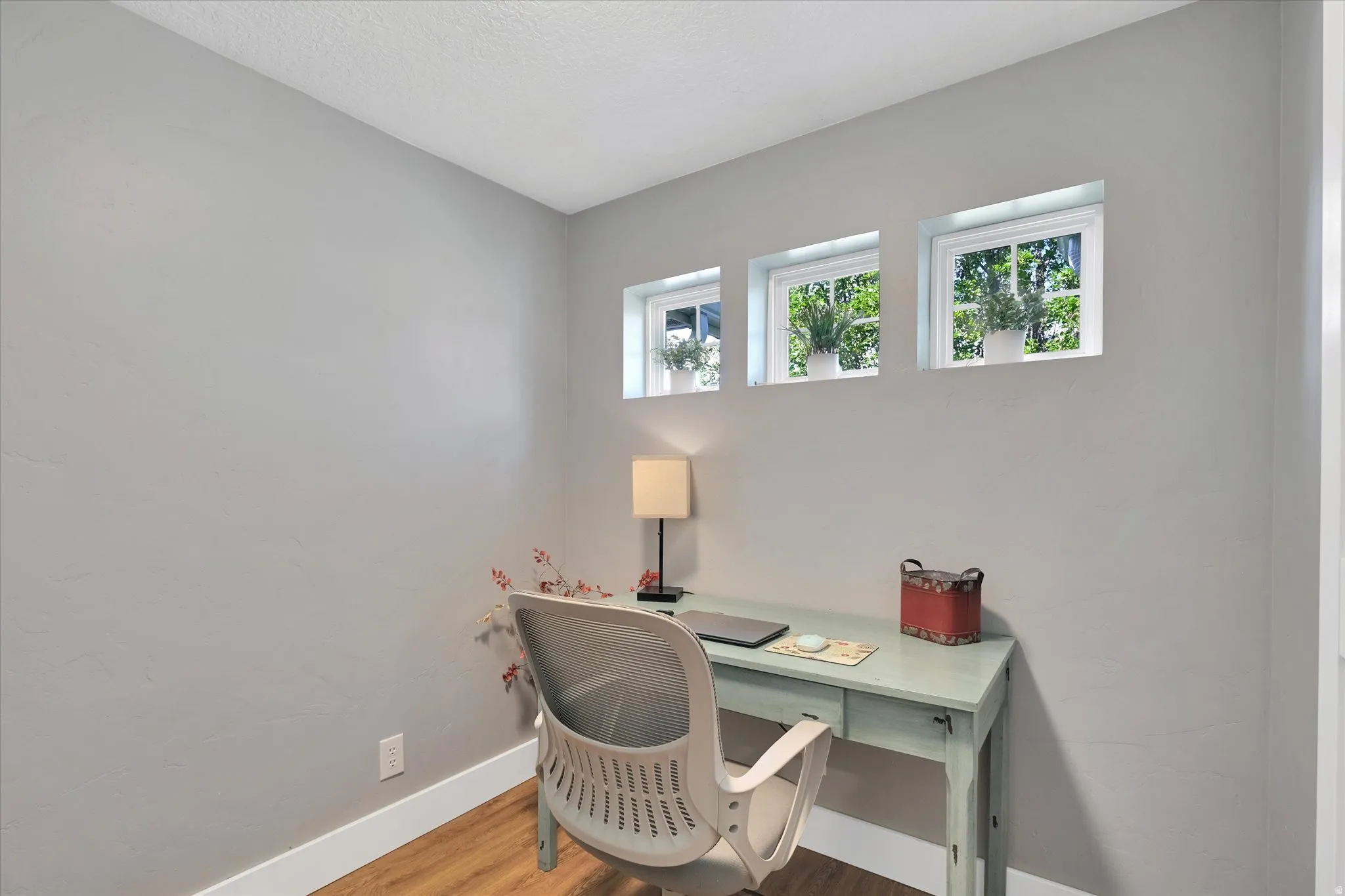 Three transom windows, wood-finish flooring, light gray wall paint, and white trim