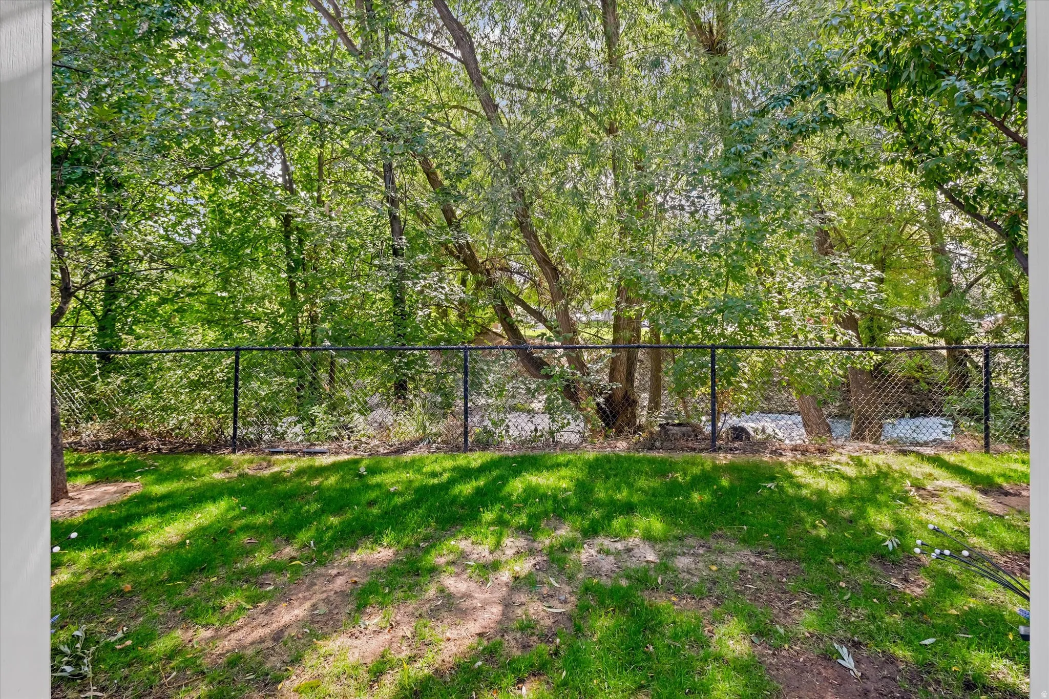 Expansive yard featuring a manicured lawn and mature trees, enclosed by a black chain-link fence