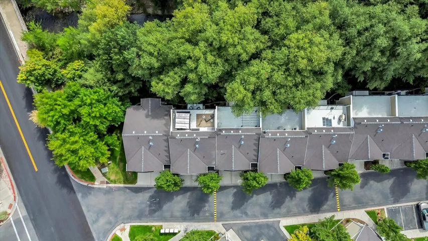Townhome row with pitched shingle roofs and integrated rooftop patios