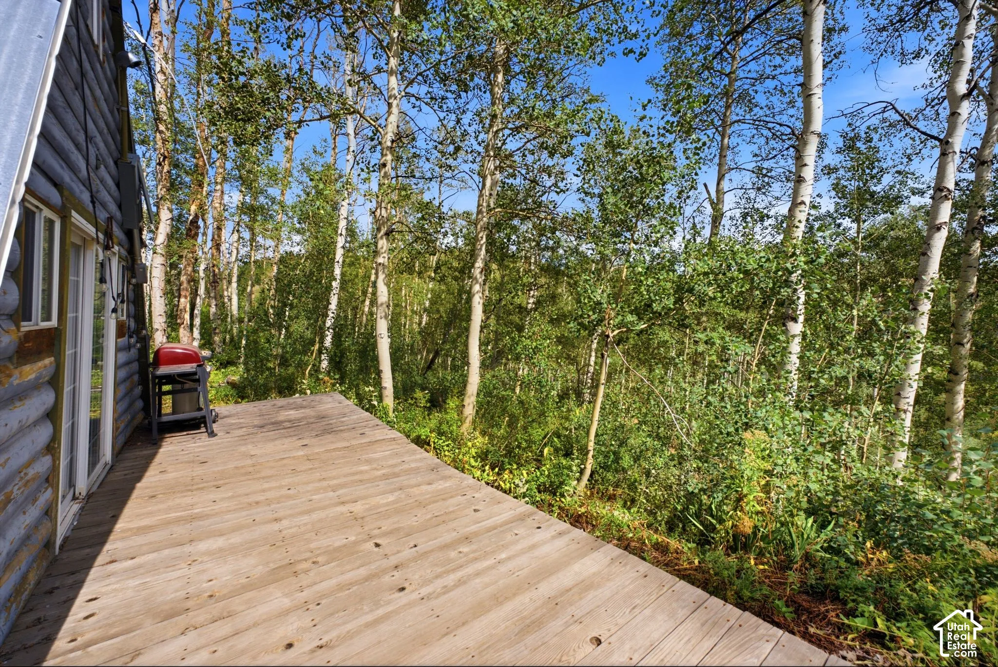 Exterior log siding, wood deck, sliding glass door, white window trim, and surrounding mature trees