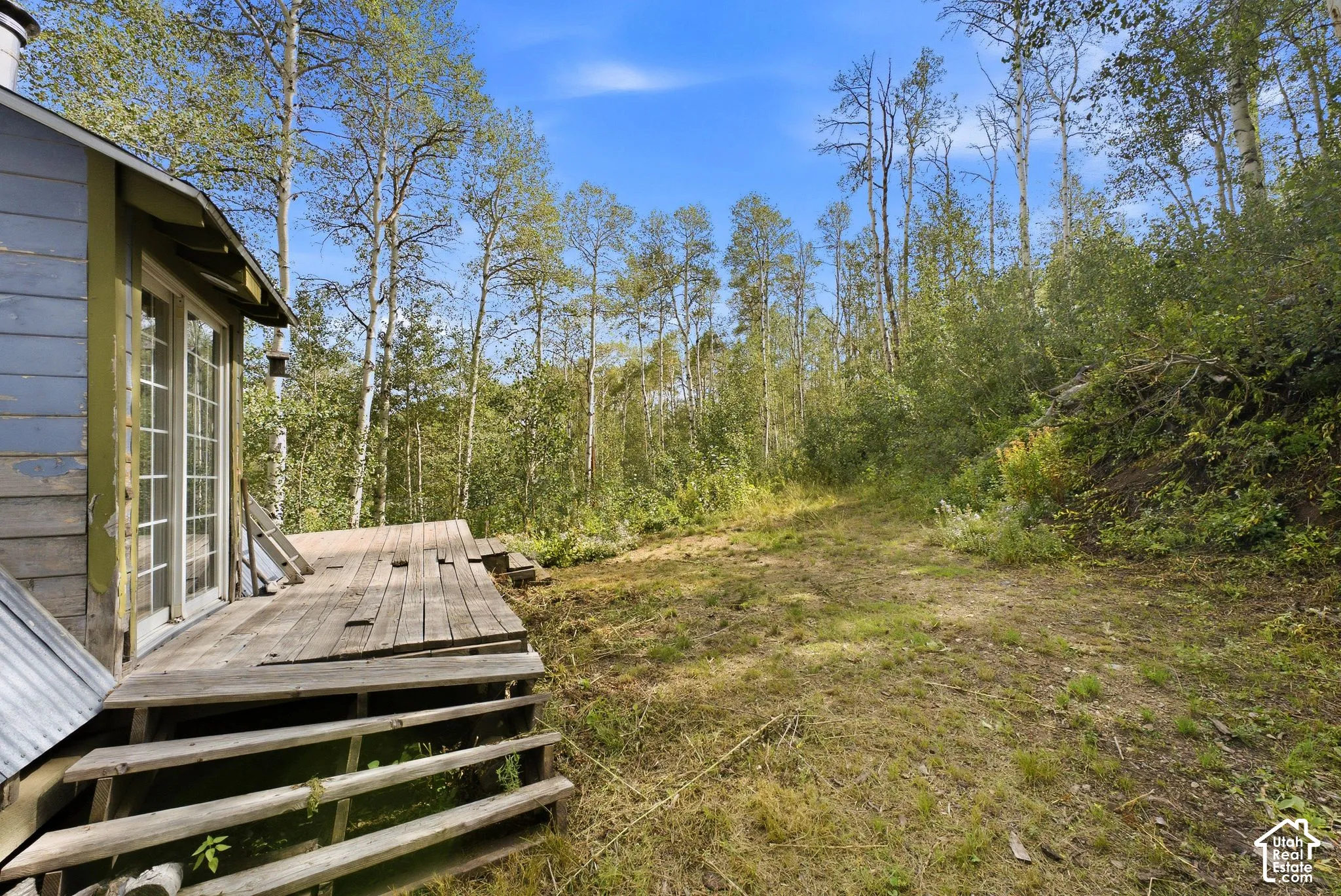 Exterior wood siding, wood deck, sliding glass doors, natural landscaping, and mature trees