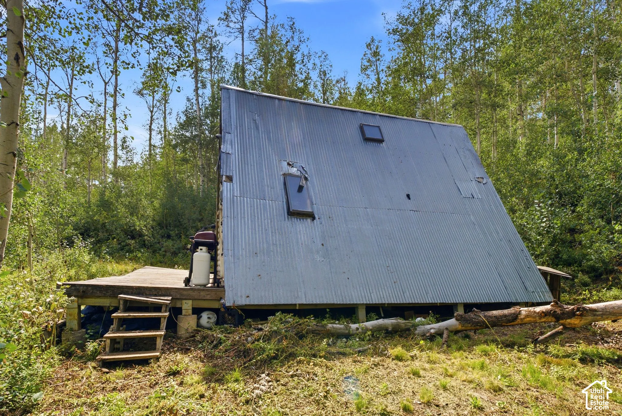 A-frame structure with corrugated metal siding, featuring a small skylight and an elevated wood deck