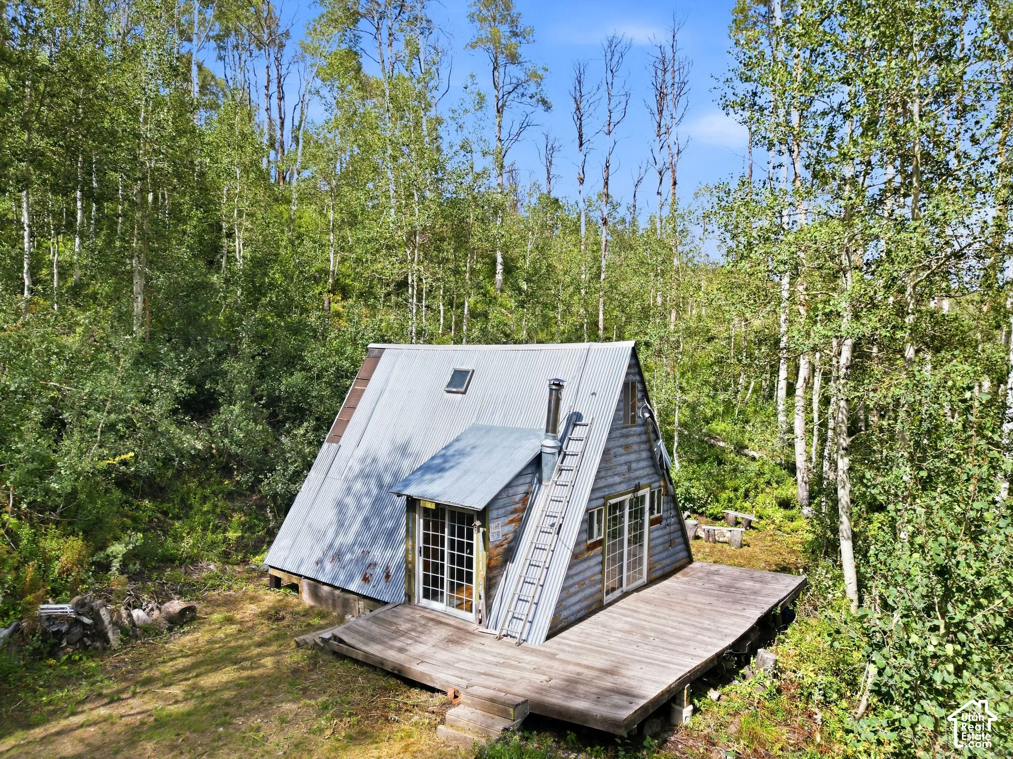 A-frame property with a corrugated metal roof and a skylight