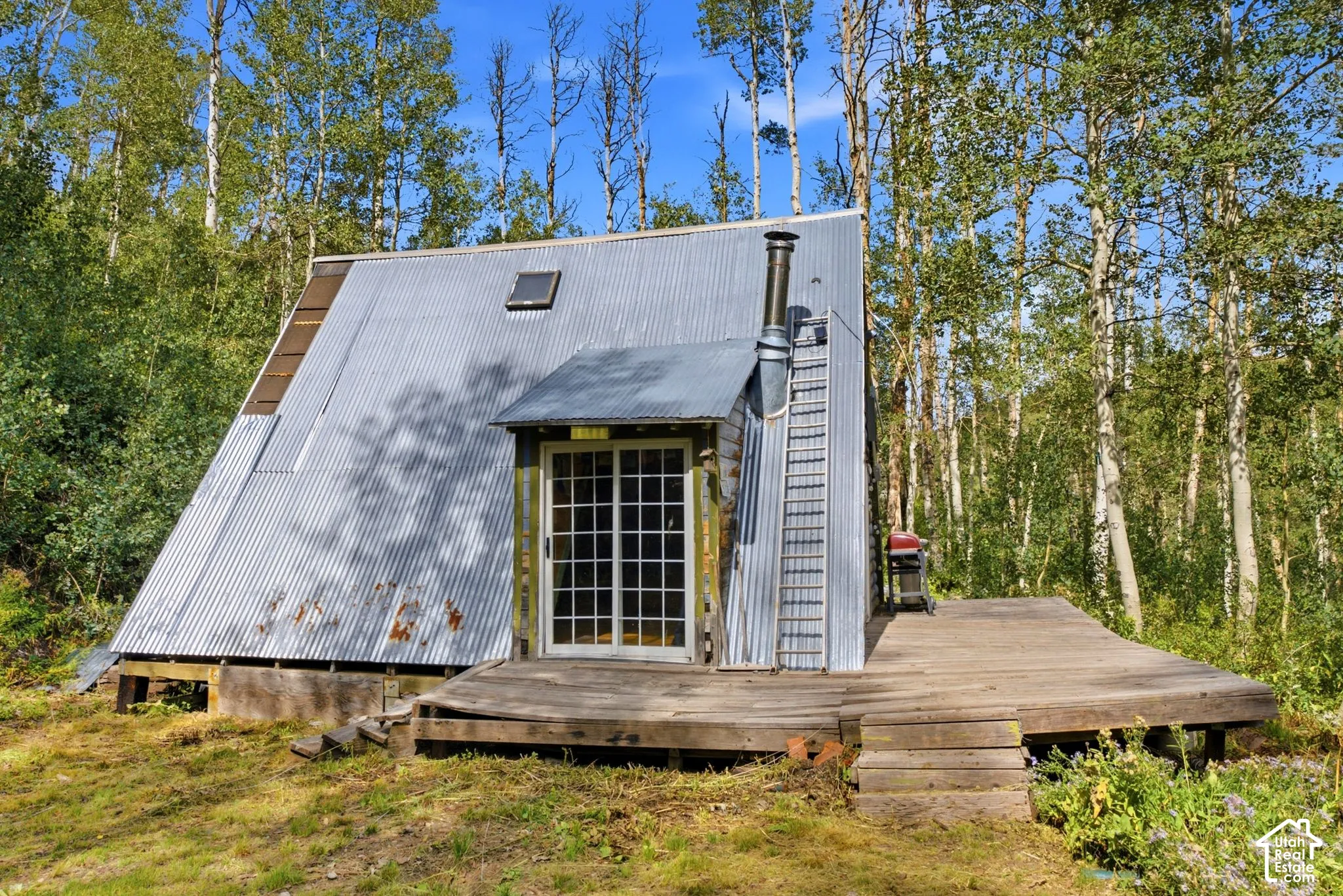 A-frame structure with corrugated metal siding, an integrated skylight, and a sliding glass door