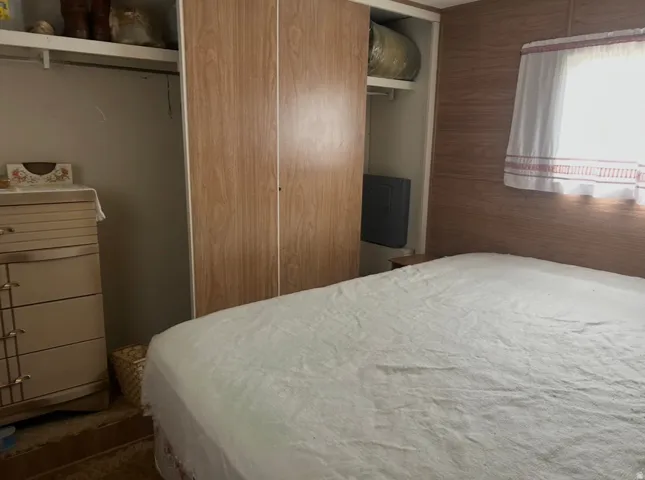 Wood-panel accent wall and built-in closet with wood-finish sliding doors