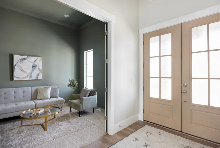 Double entry doors with glass panels