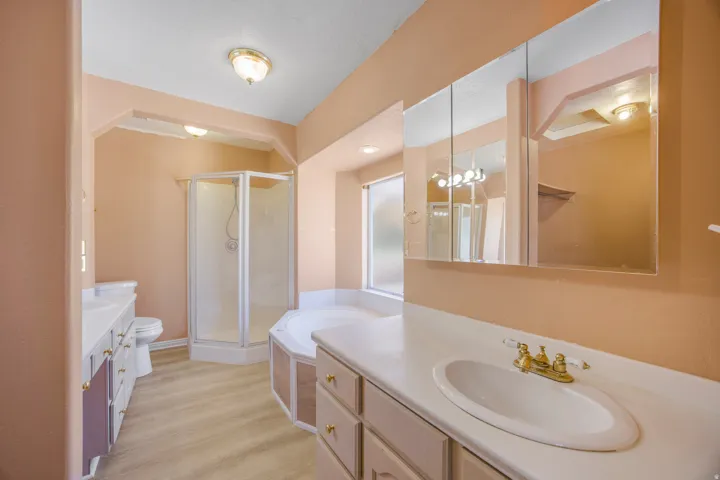 Dual vanity with white countertops, wood-finish flooring, a corner shower enclosure, and a soaking tub