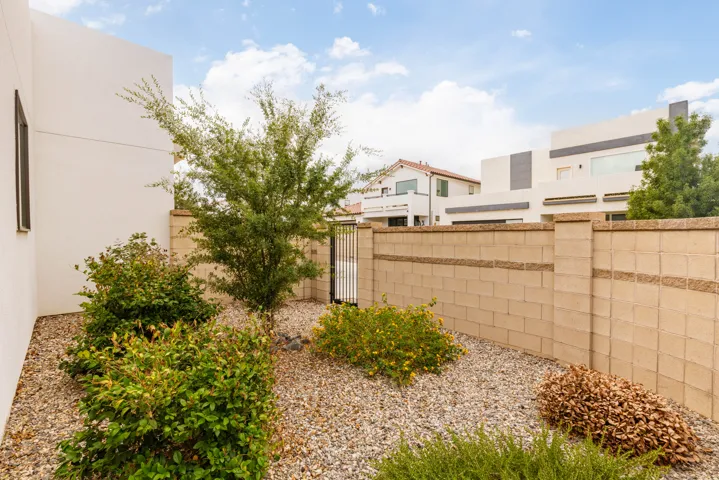 Low-maintenance backyard featuring decorative gravel hardscaping, mature landscaping with mixed shrubs and greenery, and a solid concrete block perimeter fence