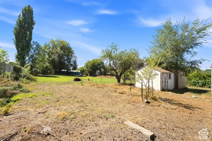 Expansive outdoor space featuring a detached storage shed with a gabled roof