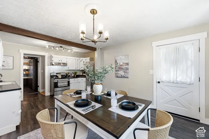 Kitchen with white cabinetry, stainless steel appliances, and dark wood-finish flooring