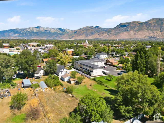 Expansive neighborhood setting with mature trees and mountain backdrop