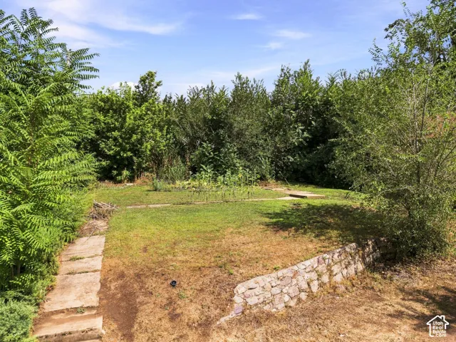 Expansive green space featuring a stone retaining wall, concrete stepping stones, and mature perimeter foliage