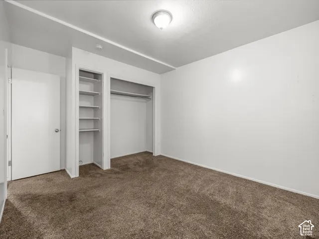 Spacious bedroom featuring neutral carpeting, a full reach-in closet with shelving and hanging rod, and an additional storage closet