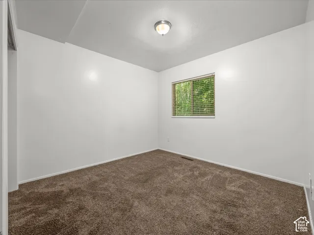 Neutral wall color, window with blinds, overhead lighting fixture, and carpeted flooring