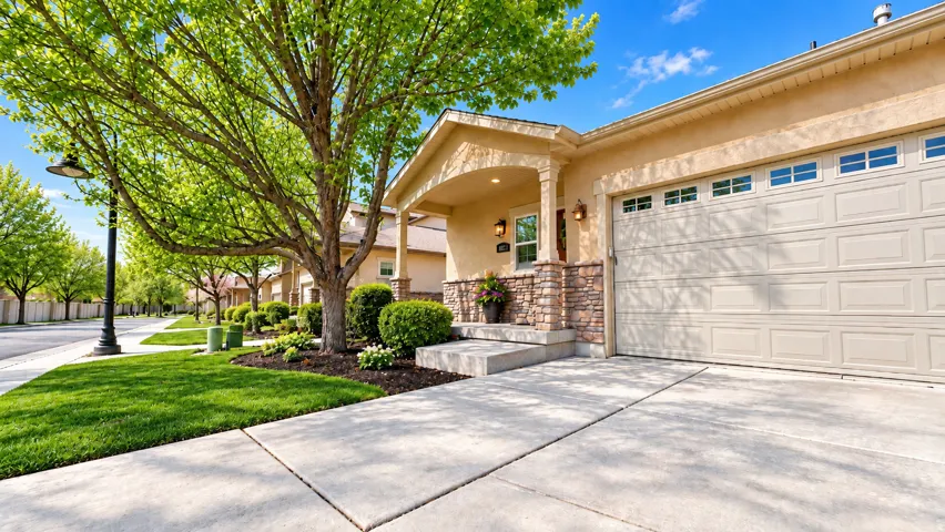 Stucco exterior with stone accents, covered entry, and attached garage with upper window panels
