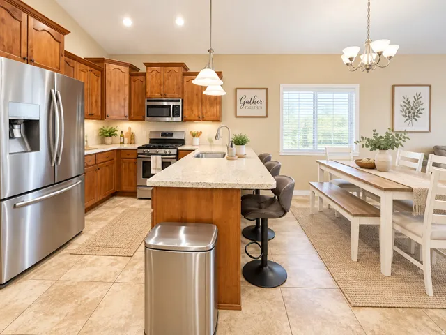 Kitchen featuring stainless steel appliances, wood cabinetry, stone countertops, and tile flooring