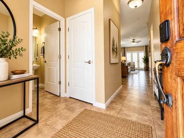Entryway featuring a wood-finish door with smart lock, tile flooring, and white trim